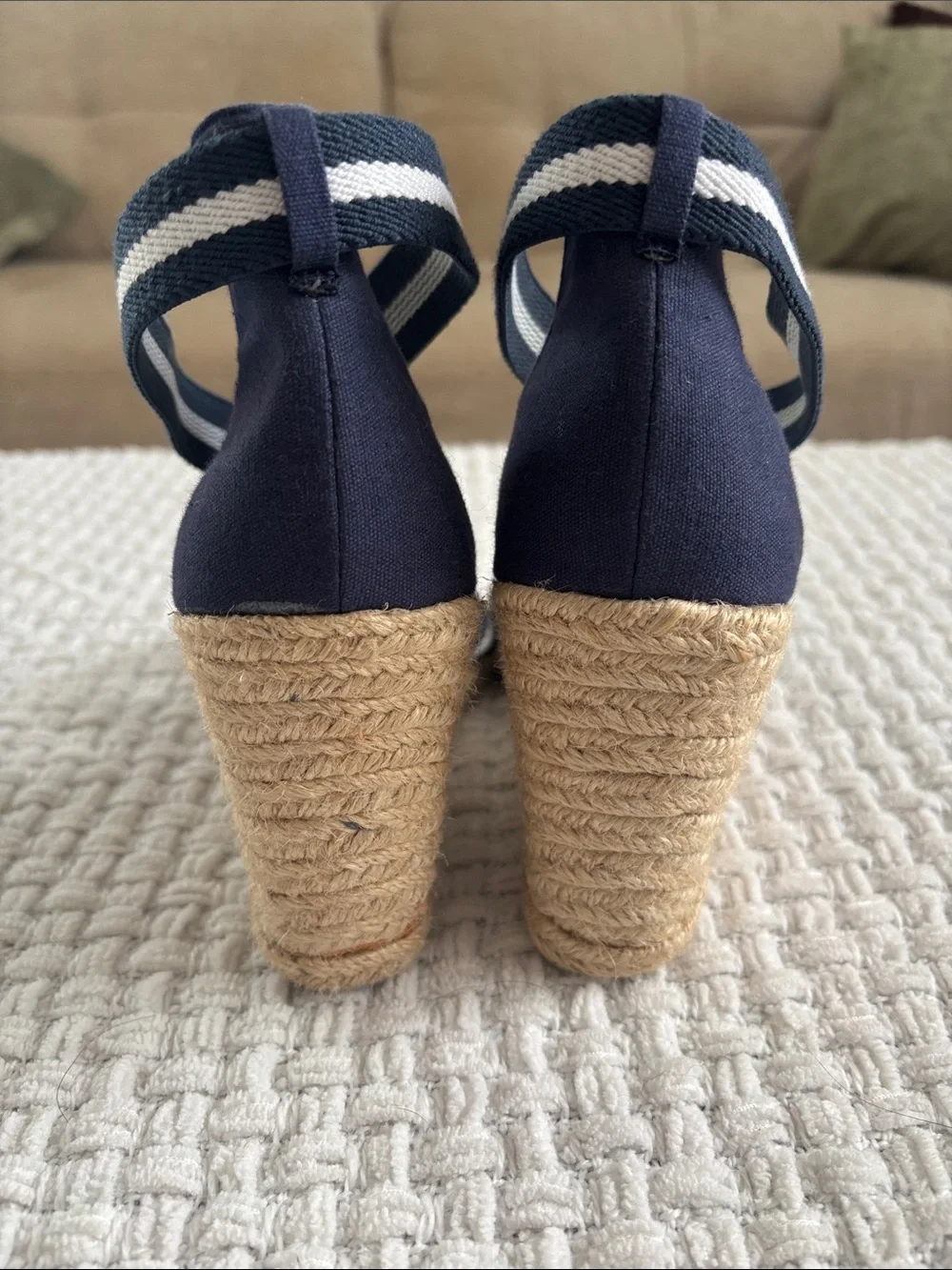 Polo by Ralph Lauren Navy & White Striped Wrap Espadrille Wedges